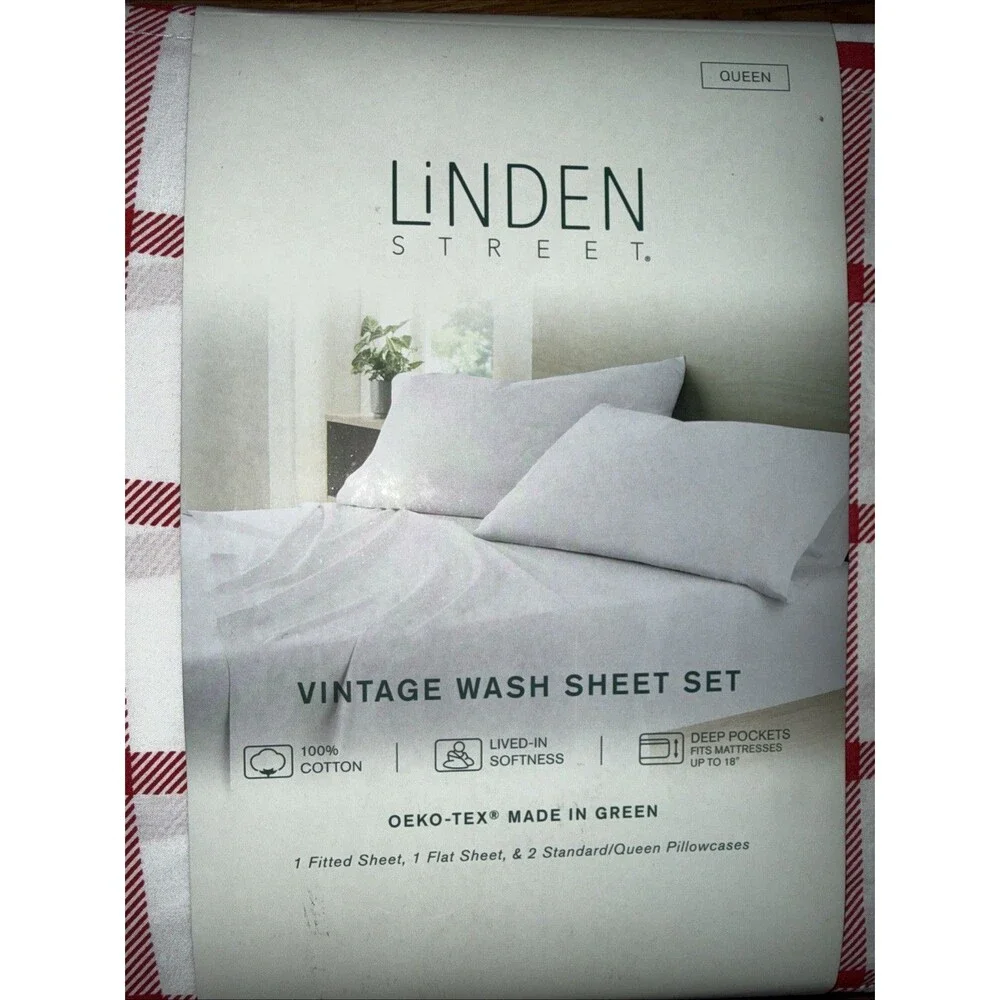 Linden Street Queen Sheet Set 100% Cotton Red Gingham NEW